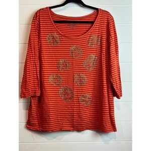 Onque Woman 1X Orange Stripe Halloween Pumpkin Embellished 3/4 Sleeve‎ Top